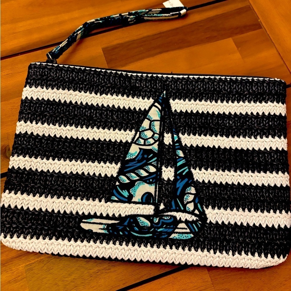 Vera Bradley Shore Enough Straw Wristlet Zip Clutch - Saliboat Design - NEW